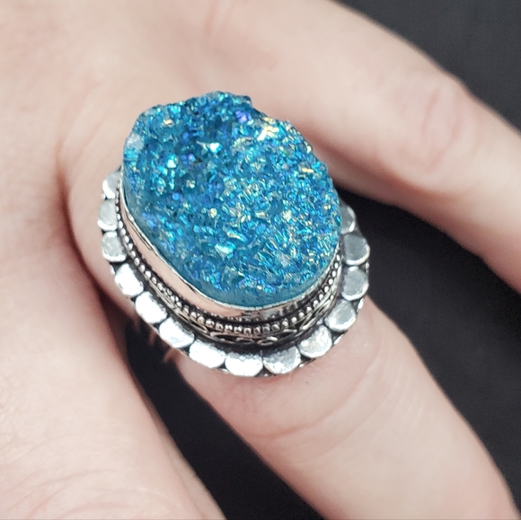 New Blue Titanium Crystal Druzy 925 Silver Statement Ring. - Picture 9 of 15